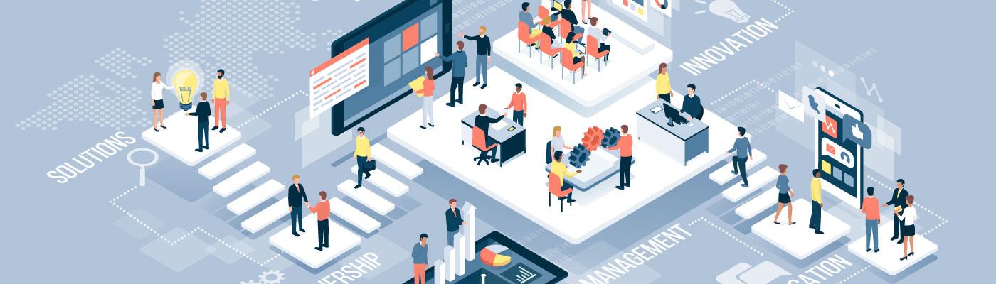 Isometric virtual office with business people working together and mobile devices: business management, online communication and finance concept