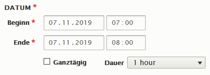 Termineingabe Datum Beginn und Ende, Zeit Beginn und Ende