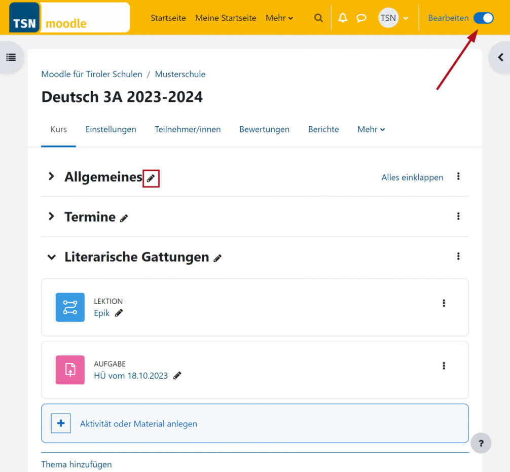 Screenshot der neuen Bearbeitungsfunktionalität in Moodle 4.1