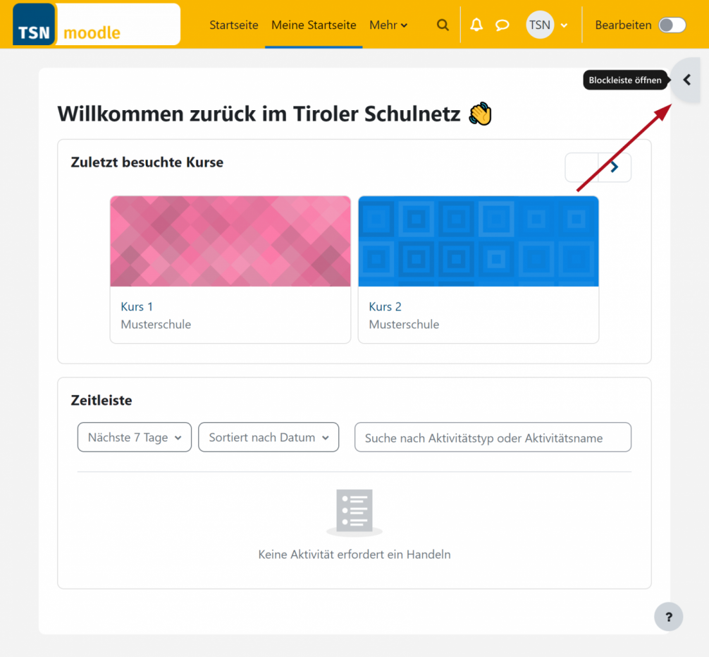 Screenshot der neuen Blockleiste in Moodle 4.1