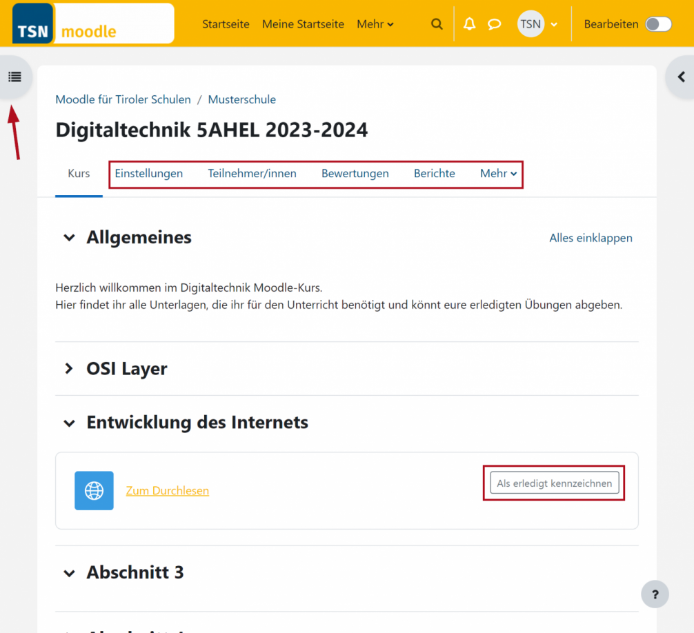 Screenshot einiger Designanpassungen in Moodle 4.1