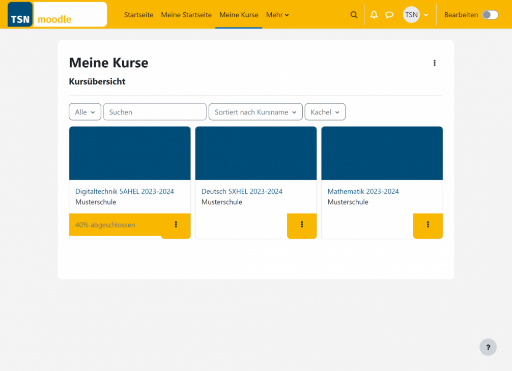 Screenshot von der neuen "Meine Kurse" Seite in Moodle 4.1